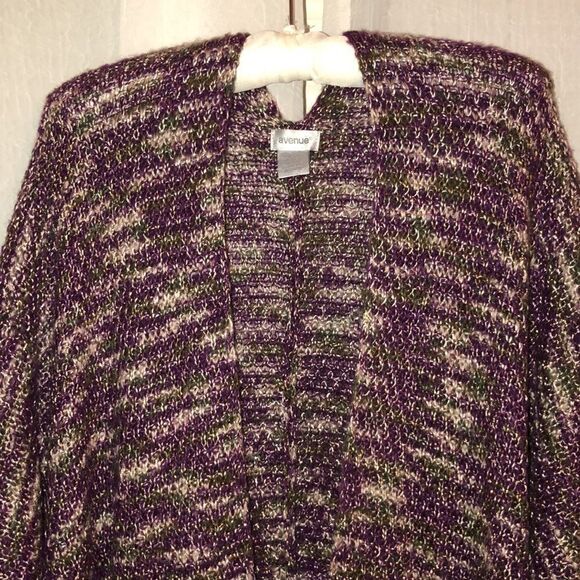 Avenue 1X-3X Knit Poncho Sweater with Patch Pockets in Purple Green Ivory - Picture 3 of 11